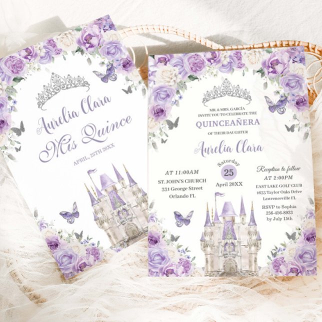 Purple White Floral Princess Castle Quinceañera XV Invitation (Creator Uploaded)