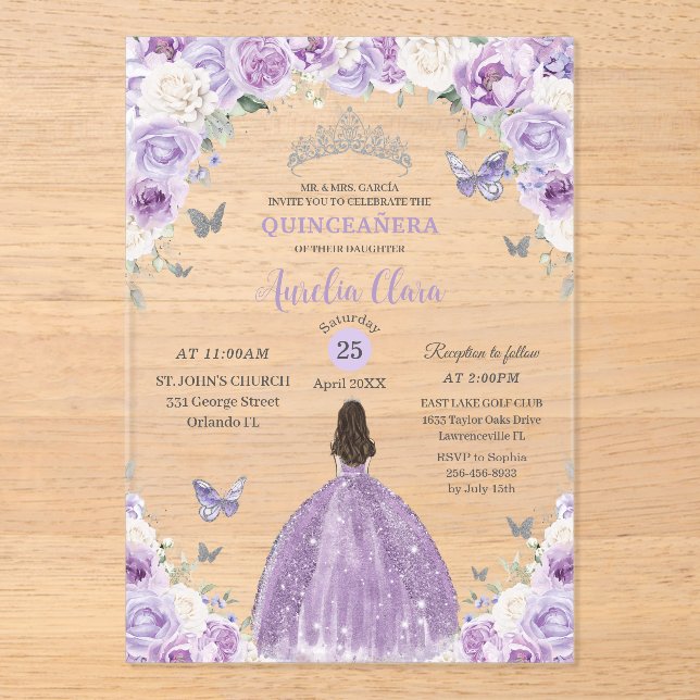 Purple White Floral Princess Quinceañera XV 16 Acrylic Invitations (Front)