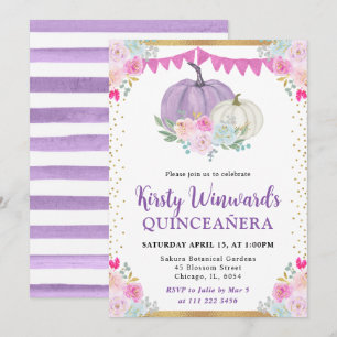 Purple White Floral Pumpkins Fall Quinceanera Invitation