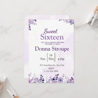 Purple & White Floral Watercolour Birthday Invitation