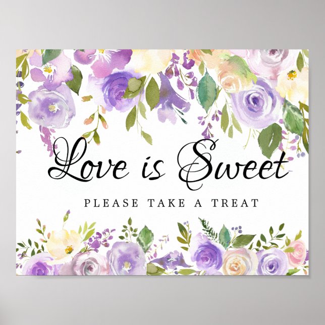 Purple White Floral Wedding Dessert Bar Sign (Front)