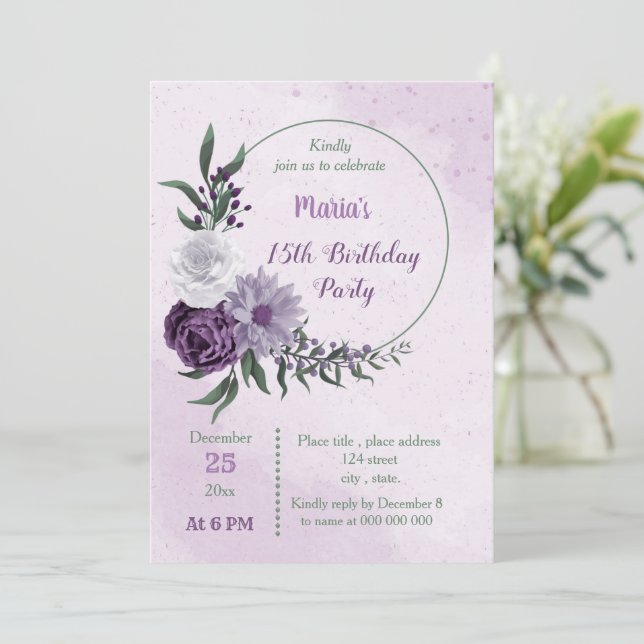 purple & white floral wreath birthday party invitation (Standing Front)