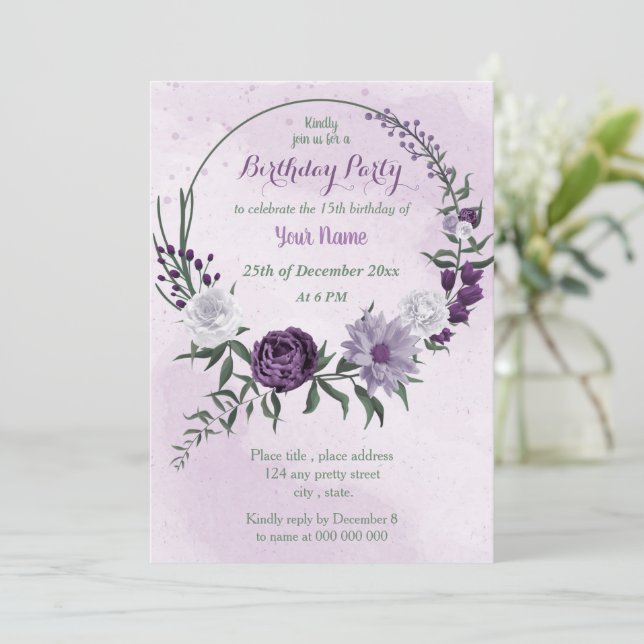 purple & white floral wreath birthday party invitation (Standing Front)