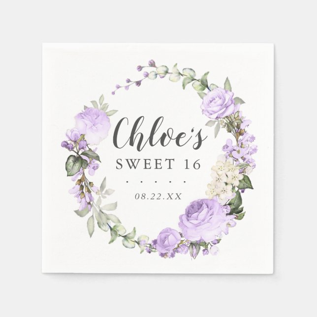 Purple White Floral Wreath Sweet 16 Party Napkin (Front)