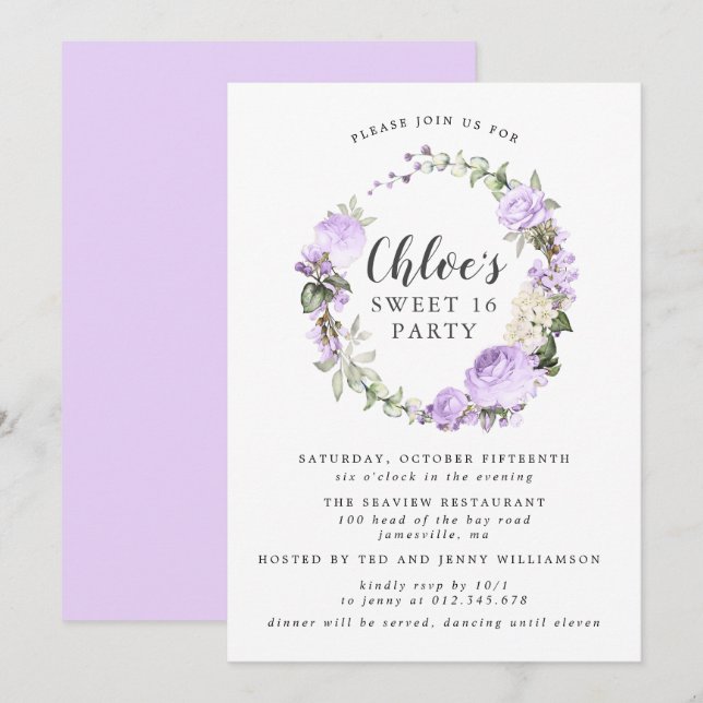 Purple White Floral Wreath Sweet Sixteen Party Invitation (Front/Back)