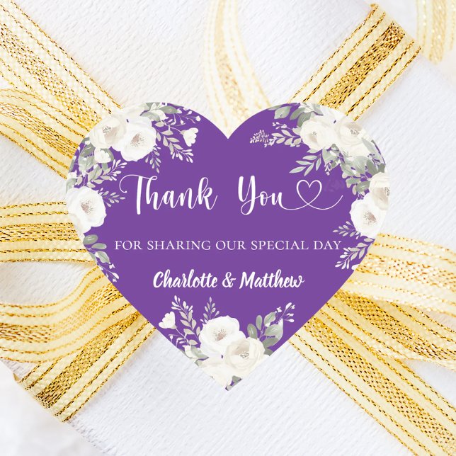 Purple white florals heart thank you wedding heart sticker (Creator Uploaded)