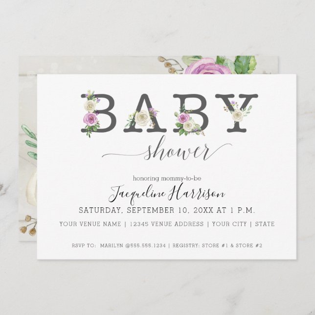 Purple White Florals Rustic | Girl Baby Shower Invitation (Front/Back)
