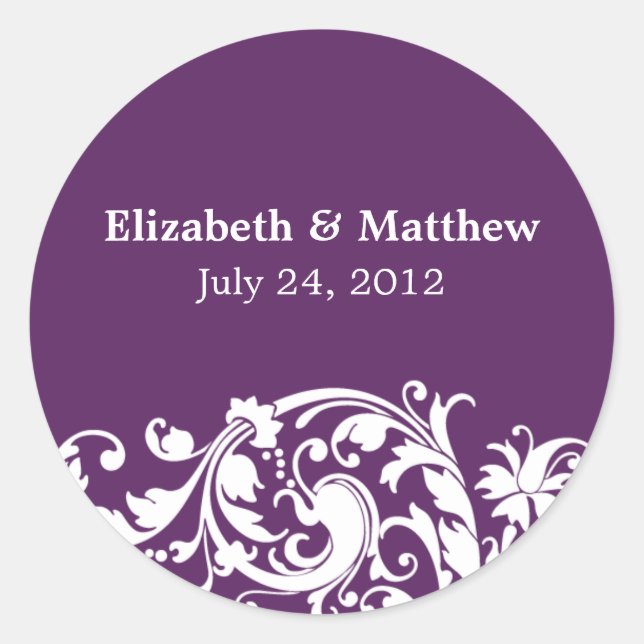 Purple & White Flourish Swirl Wedding Favour Label (Front)