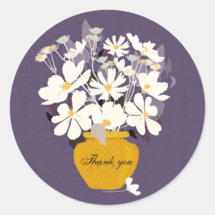 Purple white flower bouquet gold vase Thank you Classic Round Sticker
