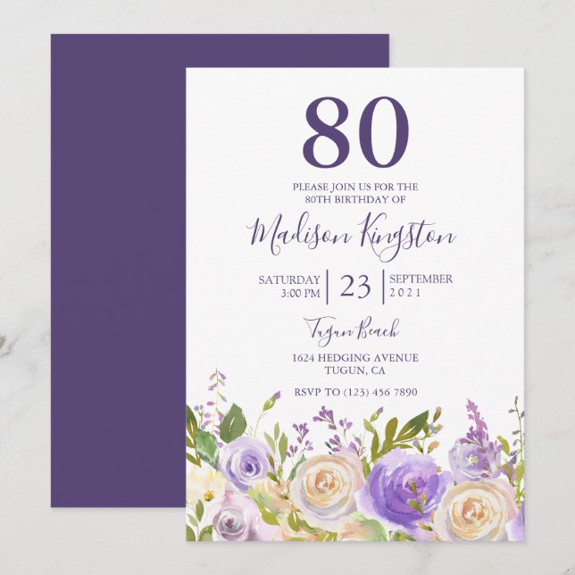 Purple & White Flowers 80th Birthday Party Invite (Front/Back)