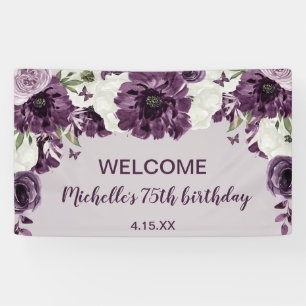 Purple White Flowers Butterflies 75th Birthday Banner