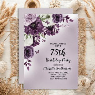 Purple White Flowers Butterflies 75th Birthday Invitation