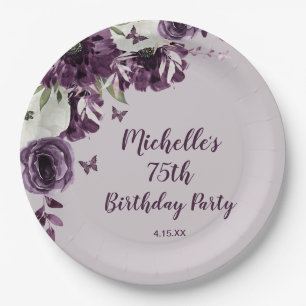 Purple White Flowers Butterflies 75th Birthday Paper Plate