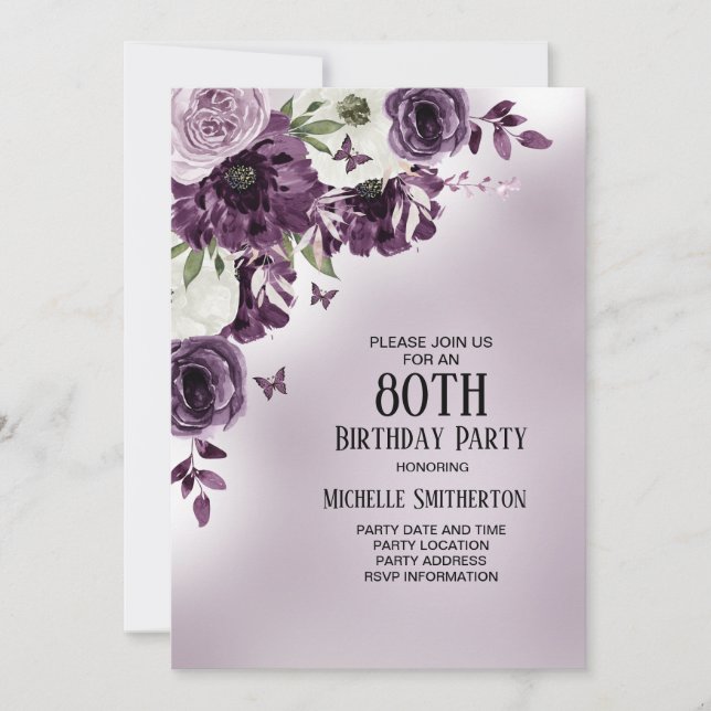 Purple White Flowers Butterflies 80th Birthday Invitation (Front)