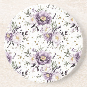 Purple White Flowers Gold Stars Coaster