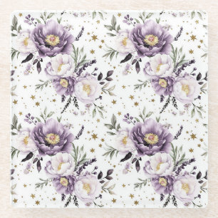 Purple White Flowers Gold Stars Glass Coaster