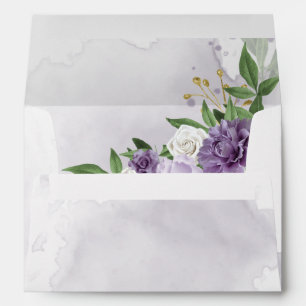 purple & white flowers greenery wedding envelope