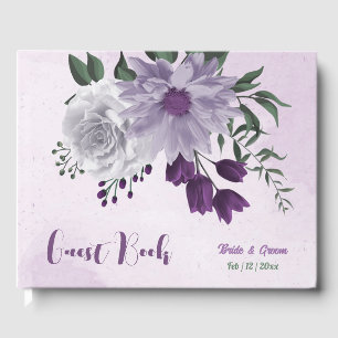 purple white flowers greenery wedding guest book