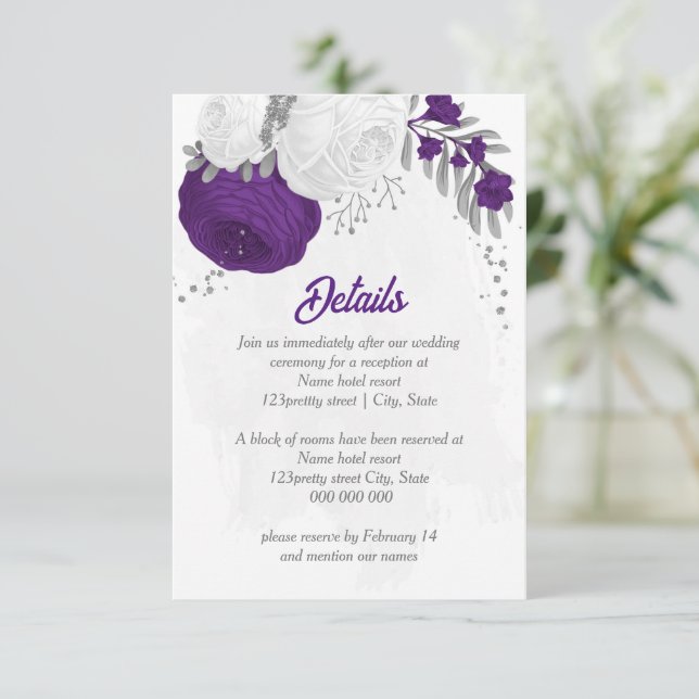 purple white flowers silver botanical details enclosure card (Standing Front)