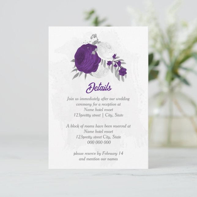 purple white flowers silver botanical details enclosure card (Standing Front)