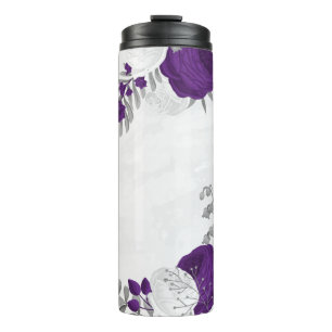 purple white flowers silver botanical thermal tumbler