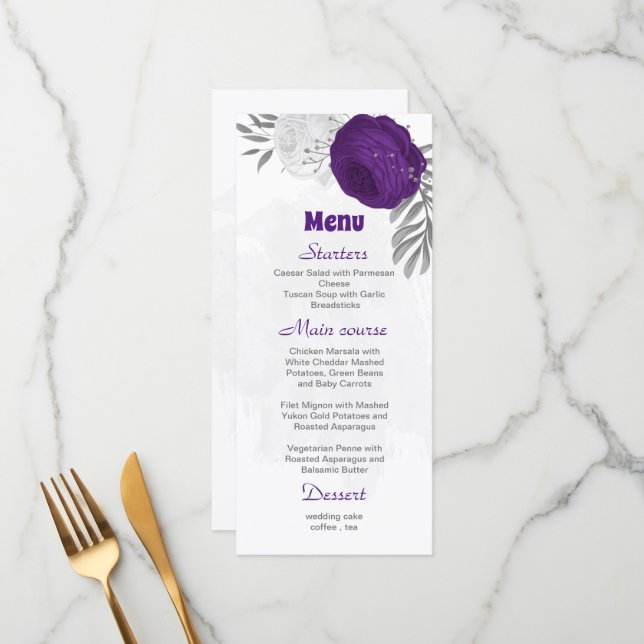 purple white flowers silver botanical wedding menu (Front/Back In Situ)