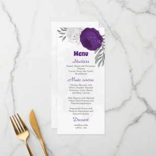purple white flowers silver botanical wedding menu