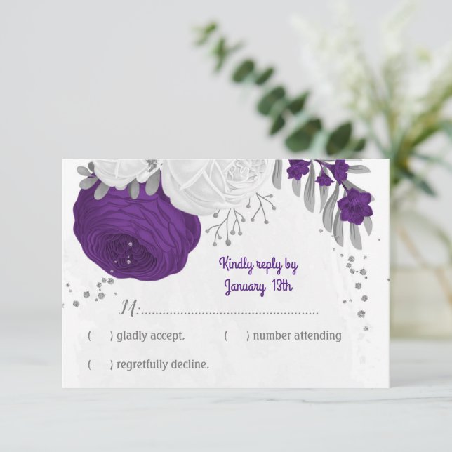 purple white flowers silver botanical wedding RSVP card (Standing Front)