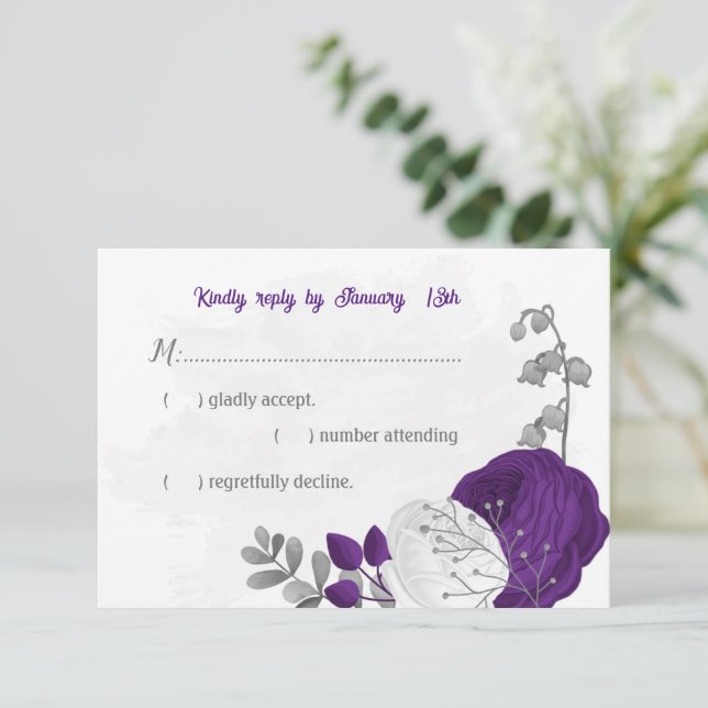 purple white flowers silver botanical wedding RSVP card (Standing Front)