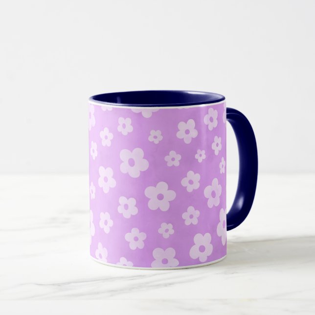 Purple & white flowers tea cup with blue handle (Front Right)