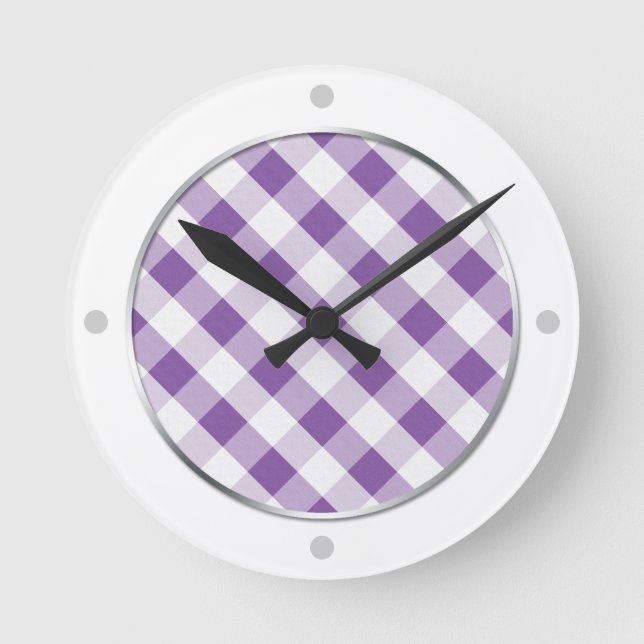 Purple & White Gingham Pattern Wall Clock (Front)
