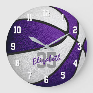 purple white girls boys basketball personalised large clock
