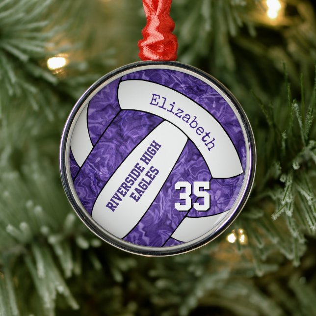 purple white girls sports volleyball team memento metal ornament (Tree)