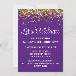Purple White Glitter 50th Birthday Let's Celebrate Invitation