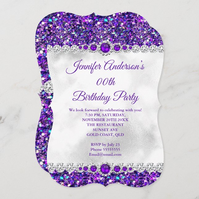 Purple white Glitter Pearl Diamond Birthday Party Invitation (Front/Back)