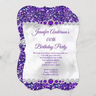 Purple white Glitter Pearl Diamond Birthday Party Invitation