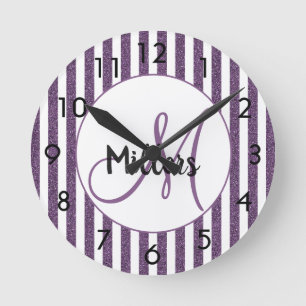 Purple white glitter stripes monogram name round clock