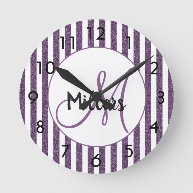Purple white glitter stripes monogram name round clock (Front)