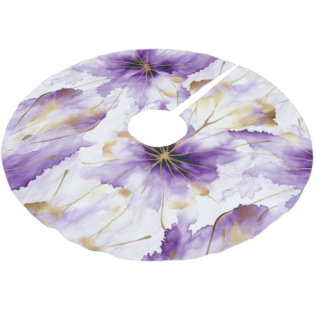 Purple White Gold Abstract Iris Floral Brushed Polyester Tree Skirt (Angled)