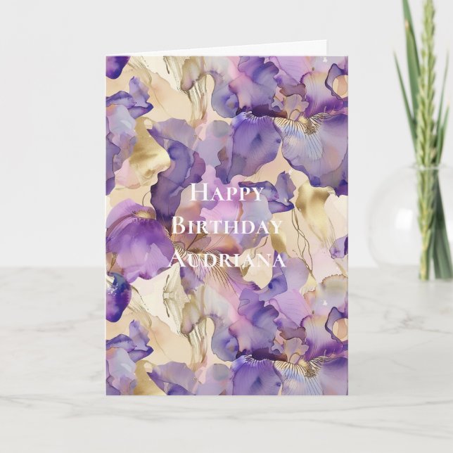 Purple White Gold Abstract Iris Flowers Birthday Card (Front)