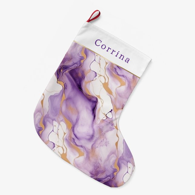 Purple White Gold Abstract Large Christmas Stocking (Front (Hanging))