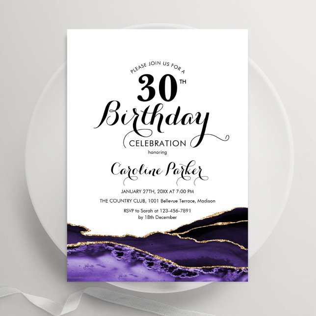 Purple White Gold Agate 30th Birthday Invitation (Creator Uploaded)