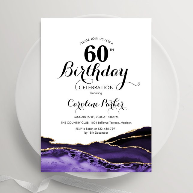 Purple White Gold Agate 60th Birthday Invitation (Creator Uploaded)
