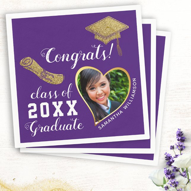 Purple White Gold Class 2025 Grad Photo Graduation Napkin (Creator Uploaded)