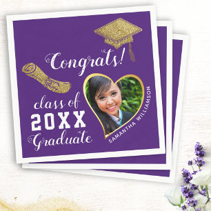 Purple White Gold Class 2026 Grad Photo Graduation Napkin