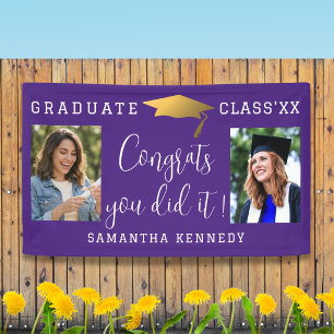 Purple White Gold Congrats 2 Photo Graduation 2026 Banner