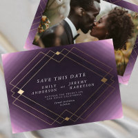 Purple & White | Gold Deco Lines Save The Date