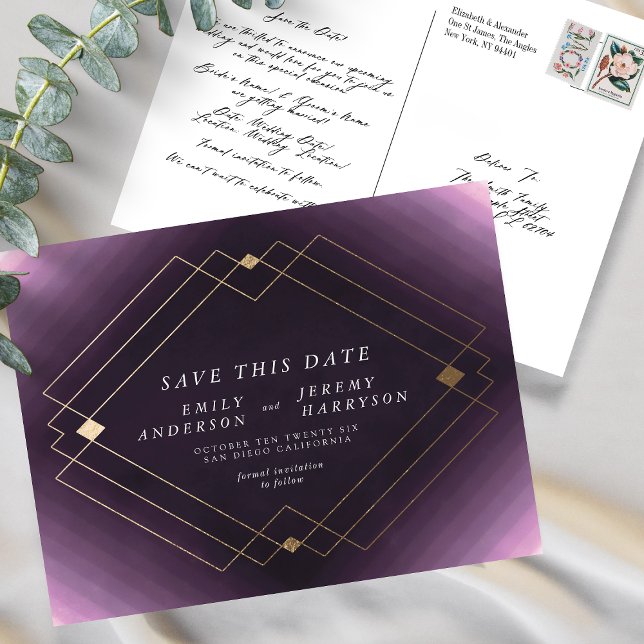 Purple White Gold Deco Lines Save The Date Wedding Postcard (Creator Uploaded)