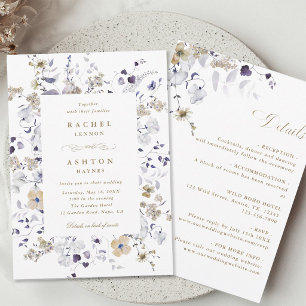 Purple White Gold Floral All in One Wedding Invitation