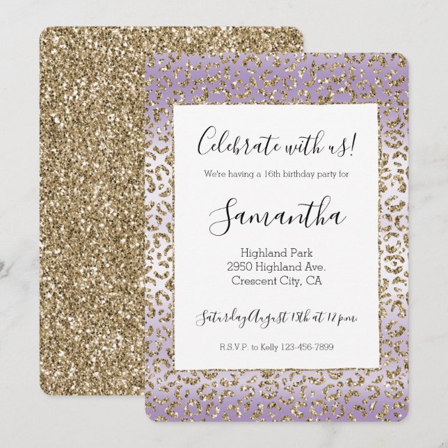Purple White Gold Glitter Leopard Print   Invitation (Front/Back)